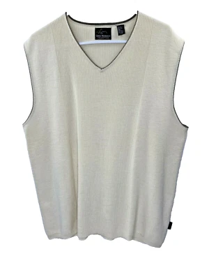 Greg Norman Collection L Ivory Wool Blend Golf Sweater Vest V-Neck Taupe Trim - Image 1 of 3