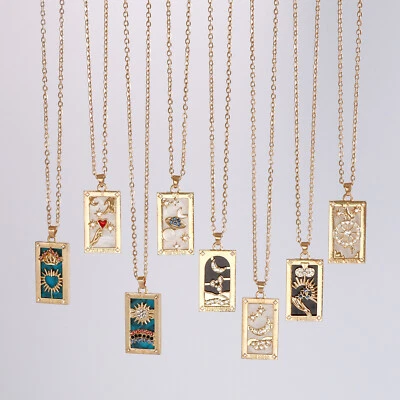 Rectangle Sun Moon Star Enamel Tarot Card Pendant Necklace Crystal Necklace - Image 1 of 4