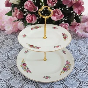 2-Tier Cake Stand Leighton Pottery Pink Rose Jewelry Trinket Afternoon Tea Decor - Picture 1 of 9