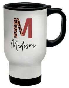 Personalised Half Colour & Half Leopard Print Intial Letter Travel Mug Cup