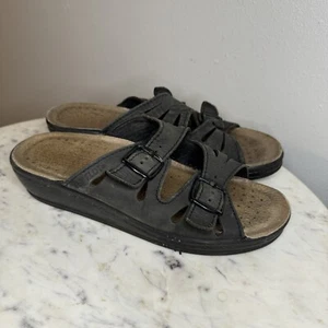 Fly Flot Sandals Womens 37 Buckle Slides Wedge Slip On Black Leather Casual -Z - Picture 1 of 10
