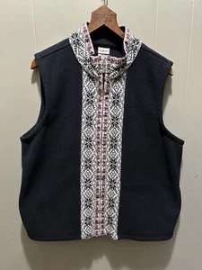 VTG LL Bean Fleece Vest Black White Red Fair Isle Nordic Icelandic Dutch Sz XL - Picture 1 of 5