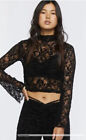 Woman?s Large All Over Long Sleeve Lace Mock Neck Crop Layering Top Black NWOT