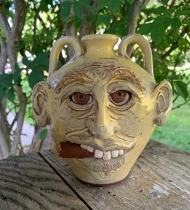 Folk Art Face Jug North Cole Pottery by Sandy Cole & K. Brown Yellow 7"H *OOAK* - Picture 1 of 24