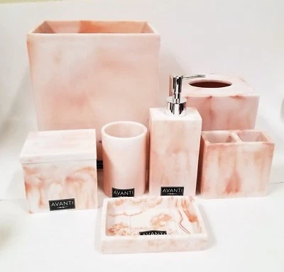 NEW AVANTI 7 PC SET PINK BLOSSOM MARBLE LIKE SOAP DISPENSER+TRASH+TISSUE+TRAY+3 - Image 1 of 4