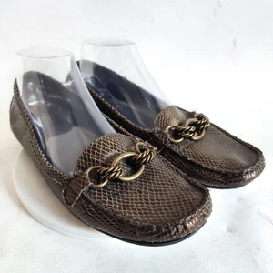 Stuart Weitzman Leather Driving Loafers Size 8.5 Slip On Flats Brown Gold Snake - Picture 1 of 12