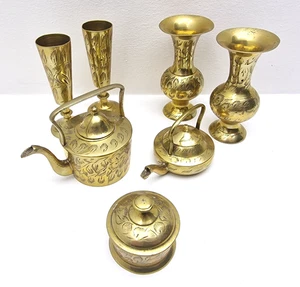 Vintage Indian Engraved Brass Vases Goblets Mini Kettles Lidded Pot Lot Of 7 - Picture 1 of 12