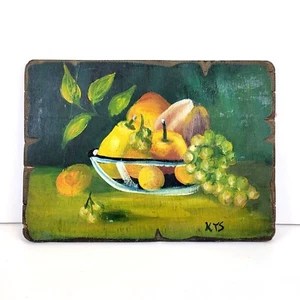 Vtg Acrylic Painted Still Life Fruit Wood Panel Yellows Greens Signed 10" x 14" - Picture 1 of 12