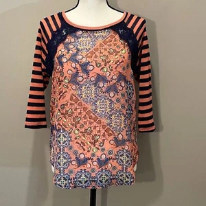 Love, Fire Womens 3/4 Sleeve Striped-Print Semi Sheer Lace Embellished Top Sz XS - Picture 1 of 4