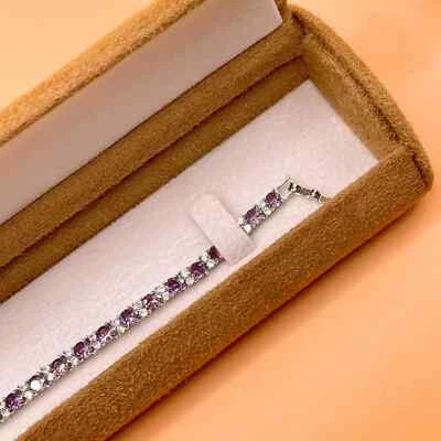 Pulseira de tênis com acabamento em ouro branco ametista roxa 2 minúsculas de diamante criado - Imagem 1 de 4