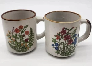 2 Wildblumen Steingut Tasse Becher 70er Jahre braun gesprenkelt LESEN - Bild 1 von 16