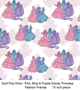 Disney Princess Fashion Friends Pink Blue & Purple 100% Cotton Fabric 15 inches - Picture 1 of 1