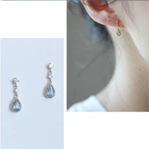 Dainty Blue Zirconia Teardrop Silver Earrings tiny small dangle drop delicate - Imagen 1 de 4