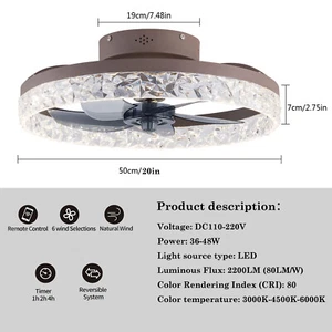 20-inch modern Round Flush-Mount ceiling fan Dimmable LED light shade 6 Speeds - Picture 1 of 11