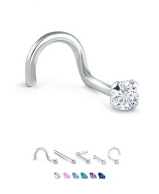 18K Solid White or Yellow Gold Nose Ring Stud Screw L Bend Bone 2.5mm CZ 18G - Image 1 of 4