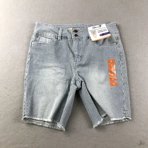 Seven7 Shorts Women 8 Blue Denim Striped High Rise Tummyless Bermuda Raw Hem NWT - Picture 1 of 12