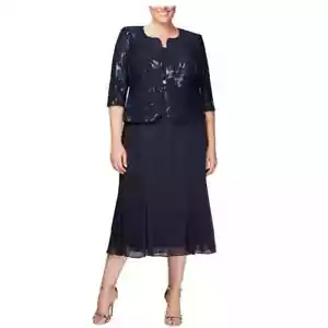 ALEX EVENINGS Dress Set 20W Navy Blue 496267 Two Piece MIDI NWT $239 - Picture 1 of 5