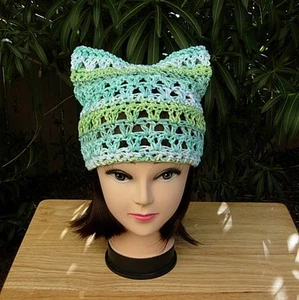 Green, Blue and White Summer Pussy Cat Hat 100% Cotton Crochet Women's Earth Day - Picture 1 of 5