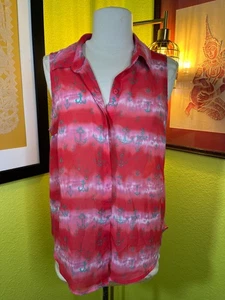 L’Amour Nanette Lepore Sleeveless Blouse L Red Anchor Print Button Up Collar - Picture 1 of 5