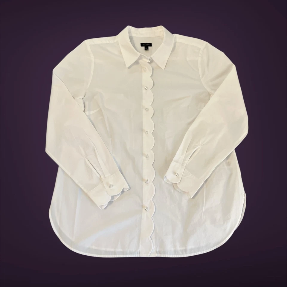 Camisa Talbots Popelina De Gran Tamaño Talla Mediana Blanca Festoneada Botón Cuello Frontal Foto 1 de 4