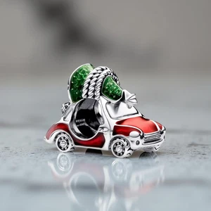 Red Car Carrying Christmas Tree Winter Charm 925 Sterling Silver Charm - Picture 1 of 1