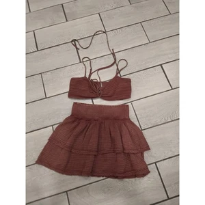 Anthropologie Rust Textured Tiered Skirt & Tie Front Crop Top Set Medium - Picture 1 of 6