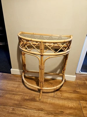 Vintage Retro Bamboo Console Table Side Table Half Moon Semicircle Demi Lune - Image 1 of 4