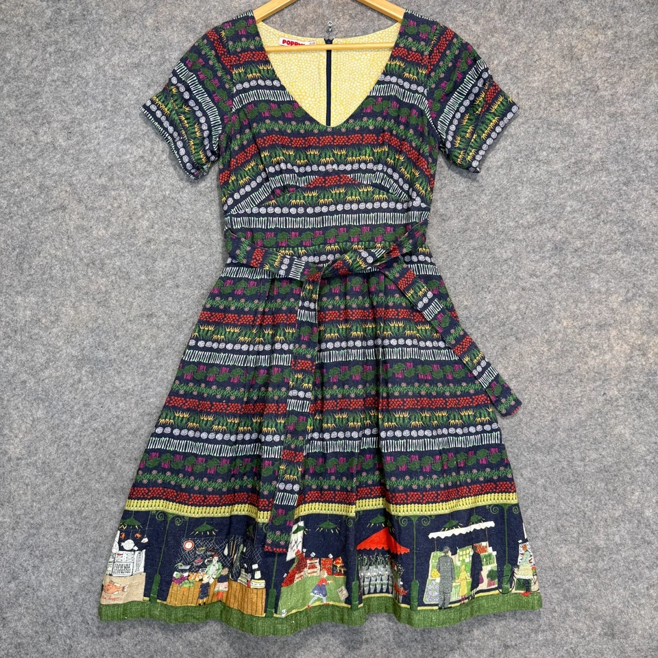Vestido Poppy England Vintage Palava 100% Lino Mujer US 6 Market Garden Cinturón Foto 1 de 4