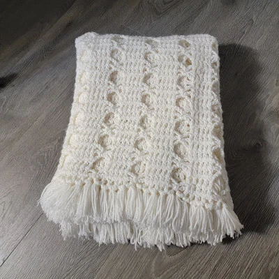 Hand Crocheted Blanket With Fringe Approx 50x72 Inches White/ Cream - Image 1 of 2