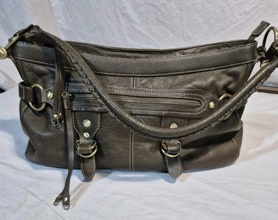 Bolso hobo Via Spiga para mujer de cuero marrón/verde con cremallera y correa para el hombro de latón  Foto 1 de 4