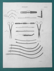 SURGERY Instruments Needles Forceps Lancet Tenaculum - 1822 Print A. Rees - Picture 1 of 3