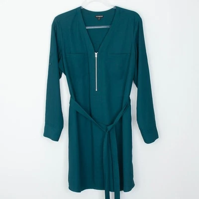 Express Green Shirt Dress Zipper Belted Long Sleeve Size L Roll Tab Sleeve Work - Image 1 of 4