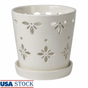 Round Ceramic Orchid Planter W/ Saucer Drainage Holes Ideal Small Houseplants US - Picture 1 of 9