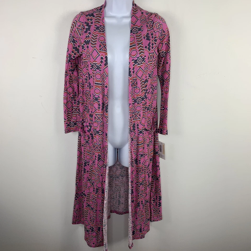 LulaRoe Womens Cardigan Sweater Sz XS Pink Black Geometric Long Duster Sarah NEW - Image 1 of 4