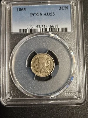 Tres centavos de níquel 1865 * PCGS AU53 * De colección de 11.382.000 Foto 1 de 4