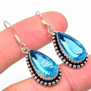 Swiss Blue Topaz Gemstone 925 Sterling Silver Earring 1.77" B012 - Picture 1 of 7
