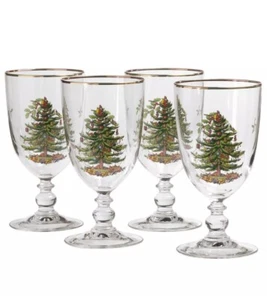 Spode Christmas Tree 16 oz. Pedestal Goblets with Gold Rims, Set of 4 with box  - Picture 1 of 9