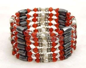 4-5mm White Natural Pearl Bracelet for Women with Red Crystal & Hematite 30'' - Picture 1 of 35