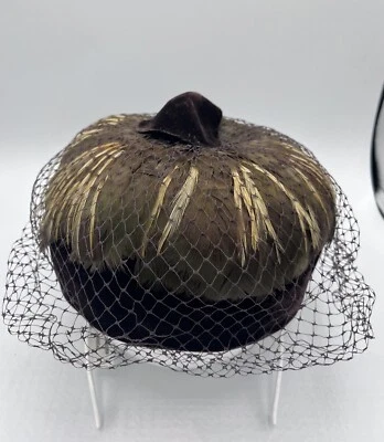 Винтажные женские коричневый перо PILLBOX Net/Vail шляпа Союза сделано США ретро - Изображение 1 из 4