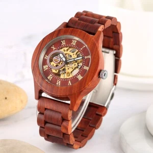 Luxury Full Red Wood Watch Men's Automatic Mechanical Wrist Watches Wooden Band - Picture 1 of 8