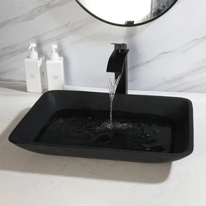 Vasca da bagno 22"x14" nera lavabo rettangolare in vetro con rubinetto set - Foto 1 di 7