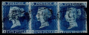 1841 2d Blue Plate 4 AJ-AL Very Good Used Strip of 3 SG 14 Cat. £315.00 - Picture 1 of 1