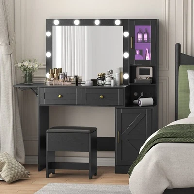 Tocador Escritorio con Espejo y Luces, Silla y Tapa de Cristal, Panel Plegable para Habitación Foto 1 de 4