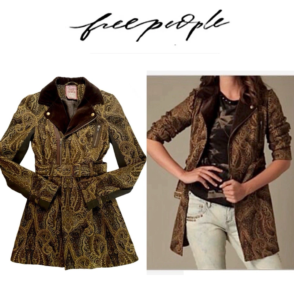 🌻Abrigo de coche vintage Free People brocado cachemira marrón y dorado abrigo de guisante usado en excelente estado🌻 Foto 1 de 4