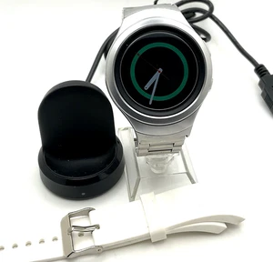 Samsung Galaxy GEAR S2 Silver/ White SM-R730T Metal Band Cracked Back Works - Picture 1 of 16