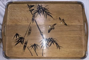 Vintage Japanese Bamboo Serving Tray Hand Painted Birds Mid Century Oriental  - Bild 1 von 8