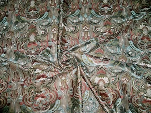 TAPESTRIA TAJ MAHAL MEDALLIONS EMBROIDERED SILK FABRIC 6 YARDS BROWN CREAM AQUA - Picture 1 of 6