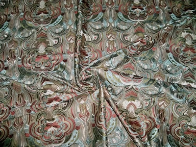 TAPESTRIA TAJ MAHAL MEDALLIONS EMBROIDERED SILK FABRIC 6 YARDS BROWN CREAM AQUA - Image 1 of 4