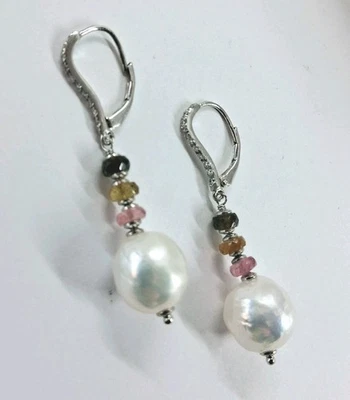 ORECCHINI IN ARGENTO 925 CON TORMALINE MULTICOLORE PERLE BAROCCHE ZIRCONIA CUBIC - Immagine 1 di 4