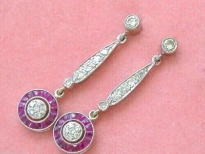 Art Deco Style Lab Created Diamond & Sapphire Drop Dangle Earrings 925 Silver - Image 1 of 4